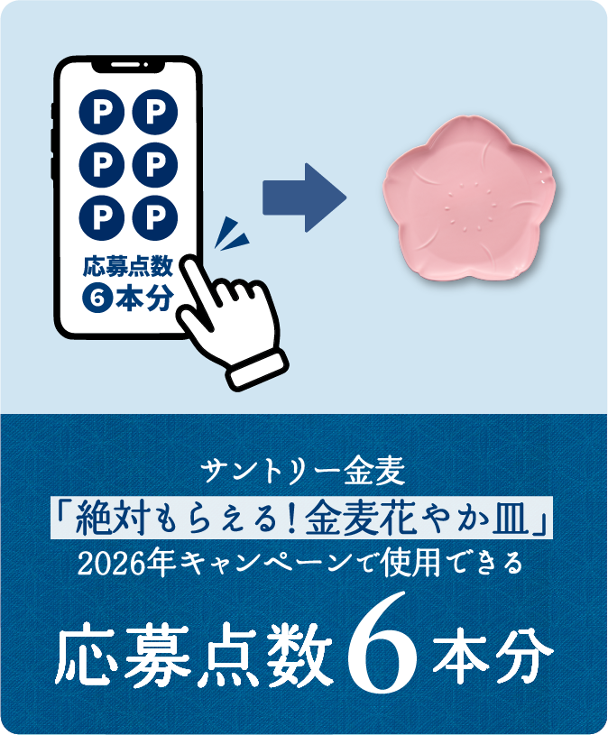 サントリー金麦「絶対もらえる！金麦花やか皿」2026年キャンペーンで使用できる応募点数『6本分』