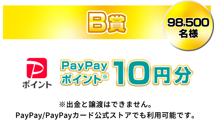 B賞：PayPayポイント 10円分 98,500名様　※出金と譲渡はできません。PayPay／PayPayカード公式ストアでも利用可能です。