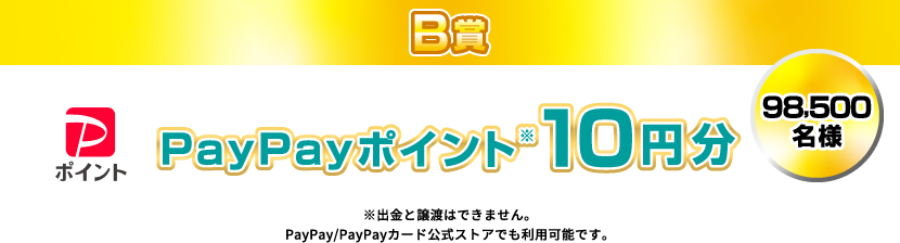 B賞：PayPayポイント 10円分 98,500名様　※出金と譲渡はできません。PayPay／PayPayカード公式ストアでも利用可能です。