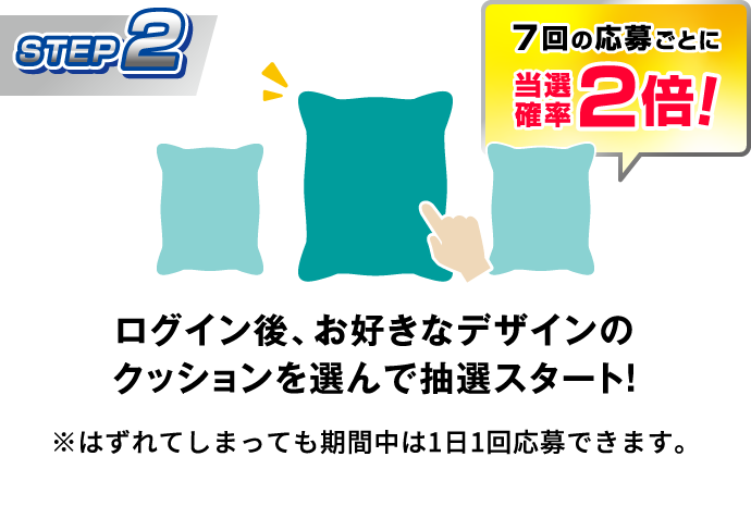 STEP2：ログイン後、お好きなデザインのクッションを選んで抽選スタート！7回の応募ごとに当選確率2倍！　※はずれてしまっても期間中は1日1回応募できます。