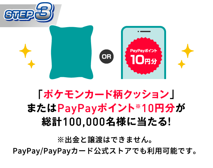 STEP3：「ポケモンカード柄クッション」またはPayPayポイント 10円分が総計100,000名様に当たる！　※出金と譲渡はできません。PayPay／PayPayカード公式ストアでも利用可能です。